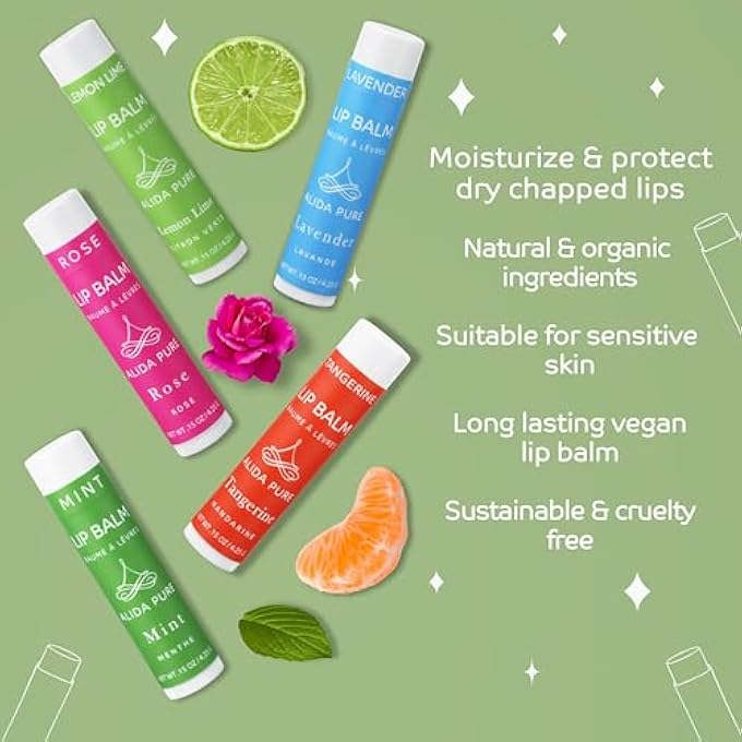 ALIDA PURE ARIA LIP BALM COLLECTION, VEGAN LIP BALM SET, BEESWAX FREE, WITH AVOCADO OIL, ORGANIC JOJOBA OIL, AND VITAMIN E, NATURAL MOISTURIZER FOR DRY, CHAPPED LIPS, 5 TUBE SET - Image 2